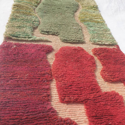 Hafatina - Beni Mrirt Runner Rug in Crimson Red and Sage Green with Wavy Colour Blocks - Handwoven Berber Carpet | 2'5"x9'7" Ft | 75x294 cm - OunizZ