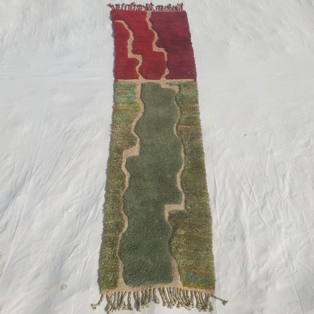 Hafatina - Beni Mrirt Runner Rug in Crimson Red and Sage Green with Wavy Colour Blocks - Handwoven Berber Carpet | 2'5"x9'7" Ft | 75x294 cm - OunizZ