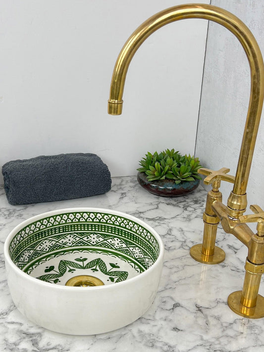 Hajeb - Round Olive Green Bathroom Sink – Elegant, Handmade, Customizable, and Lead - Free - (ETMMT) - OunizZ