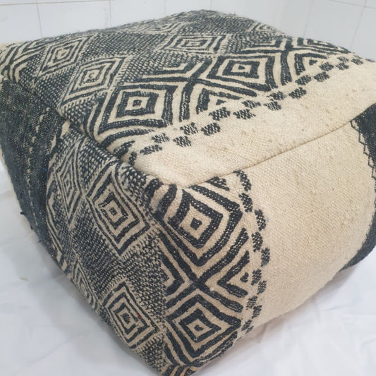 Handmade Moroccan Wool Floor Cushion – Geometric Wool Pouf | 24"x24"x16" inch - OunizZ