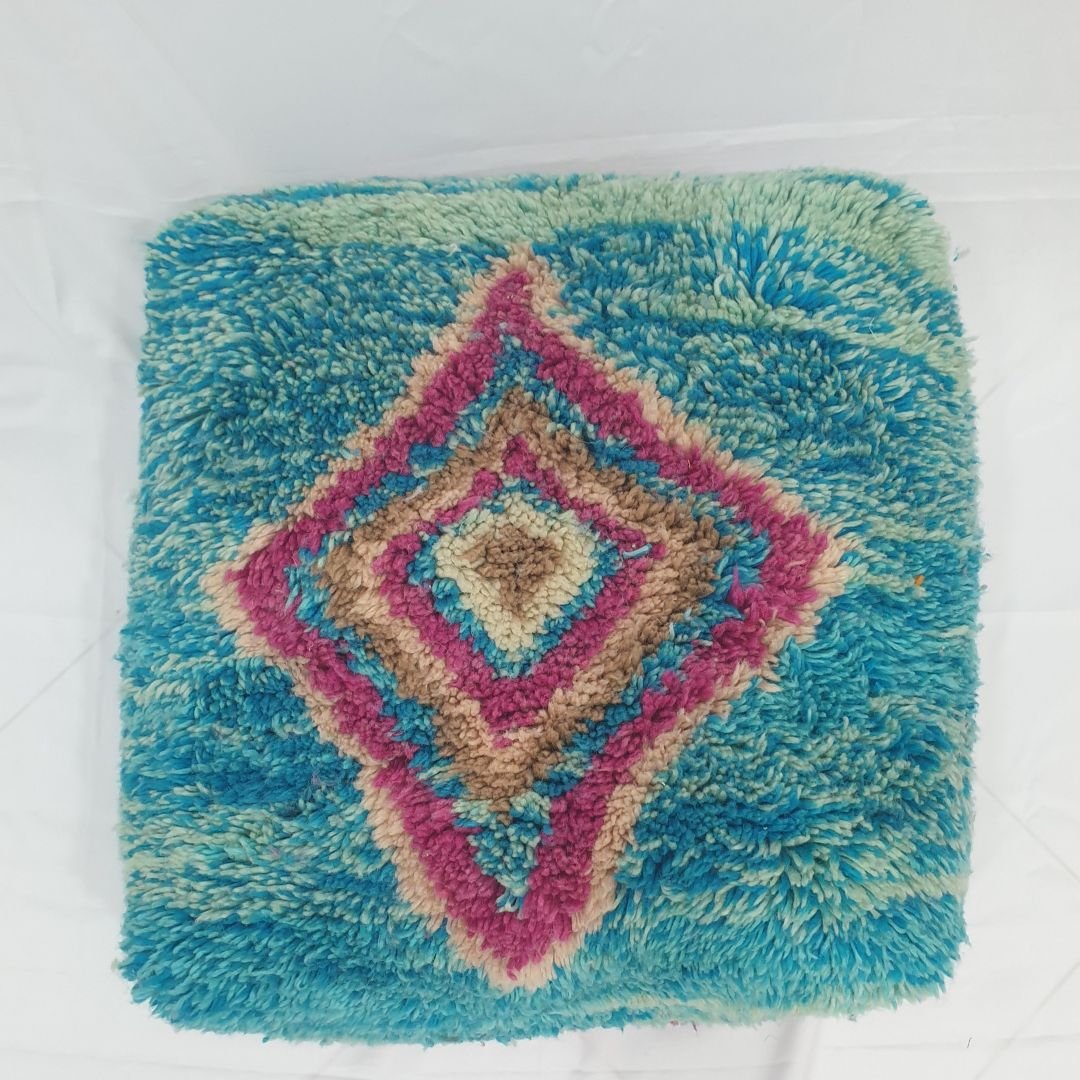 Handmade Moroccan Wool Floor Cushion – Turquoise Diamond Pouf 24x24x8 inch | 60x60x20 cm - OunizZ