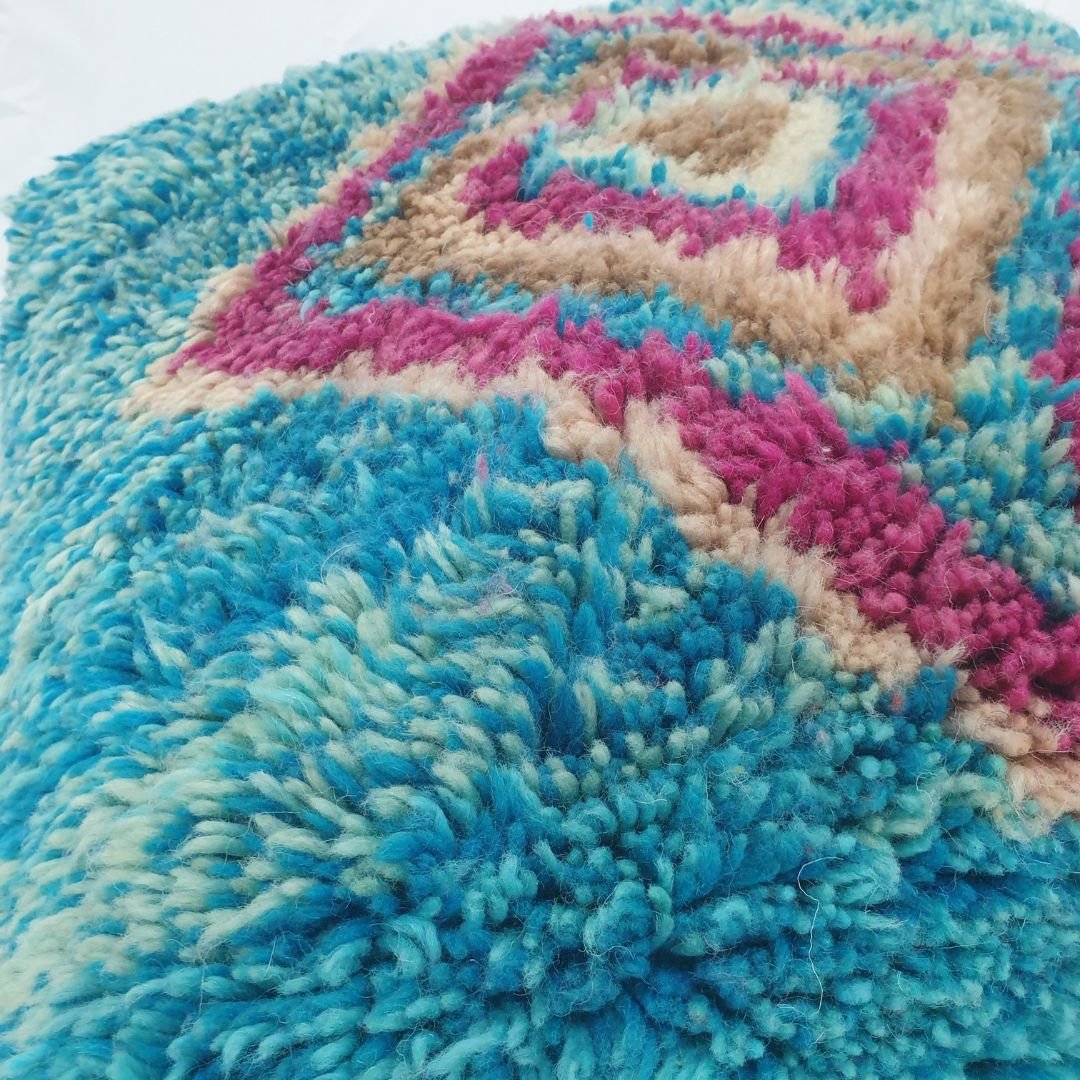 Handmade Moroccan Wool Floor Cushion – Turquoise Diamond Pouf 24x24x8 inch | 60x60x20 cm - OunizZ