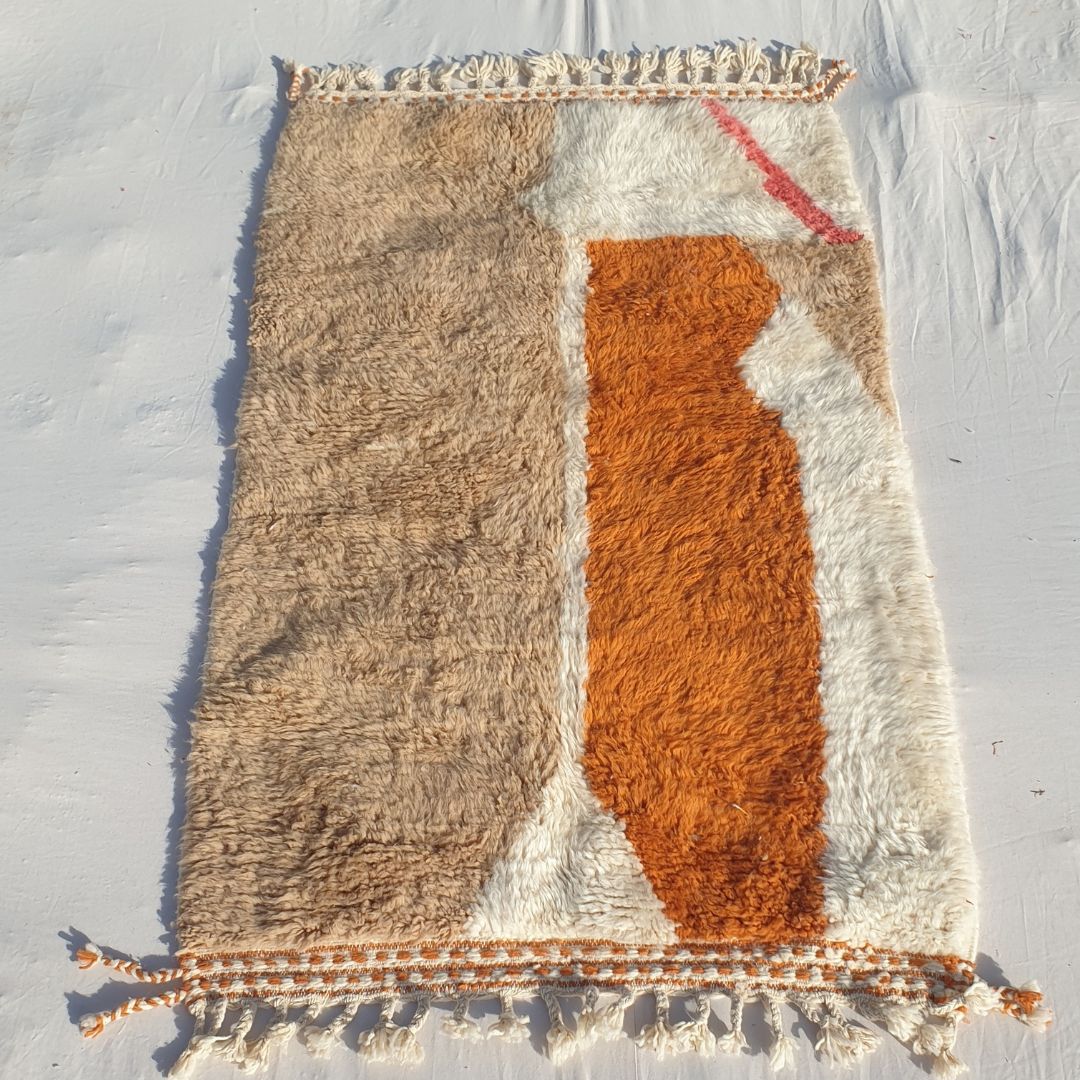 Hiabi | Beige & Orange Moroccan Rug 3x6 Beni Ourain Ultra Soft | 3'58x6'13 Ft | 109x187 cm - OunizZ