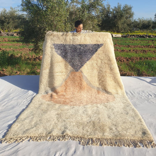 Luxury 6x9 Beni Mrirt Moroccan rug with pastel red geometric hourglass design and ultra thick plush pile