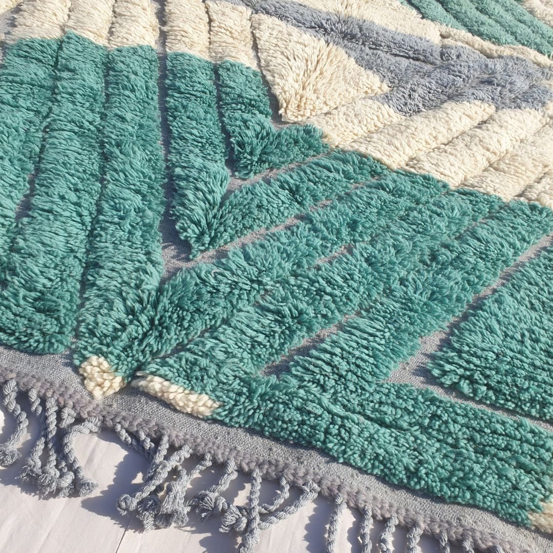 Imitaz - 6x9 Moroccan Rug - Luxurious Beni Mrirt Teal Green Cream Geometric Handwoven Wool Carpet | 6'8"×9'7" Ft | 203×294 cm - OunizZ
