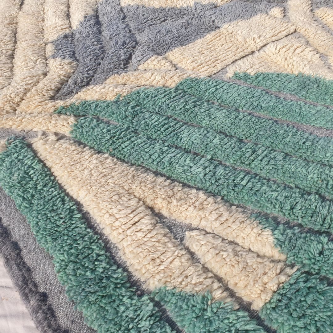 Imitaz - 6x9 Moroccan Rug - Luxurious Beni Mrirt Teal Green Cream Geometric Handwoven Wool Carpet | 6'8"×9'7" Ft | 203×294 cm - OunizZ