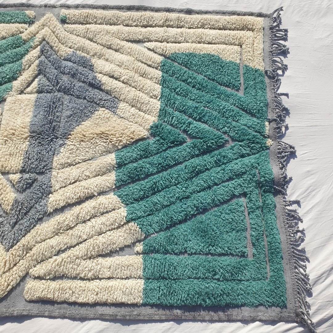 Imitaz - 6x9 Moroccan Rug - Luxurious Beni Mrirt Teal Green Cream Geometric Handwoven Wool Carpet | 6'8"×9'7" Ft | 203×294 cm - OunizZ