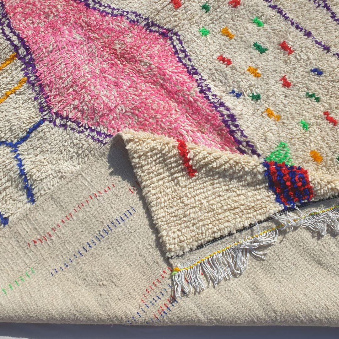 Kafani - 6x9 Moroccan Rug - White Azilal Berber Confetti Pink Diamond Handwoven Wool Carpet | 6'4"×9'3" Ft | 195×282 cm - OunizZ