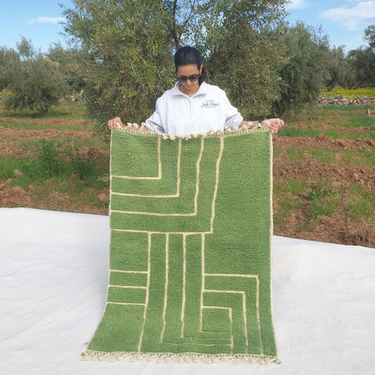 Super soft 3x5 Beni Ourain Moroccan rug with vibrant green geometric maze ultra thick fluffy pile held outdoors