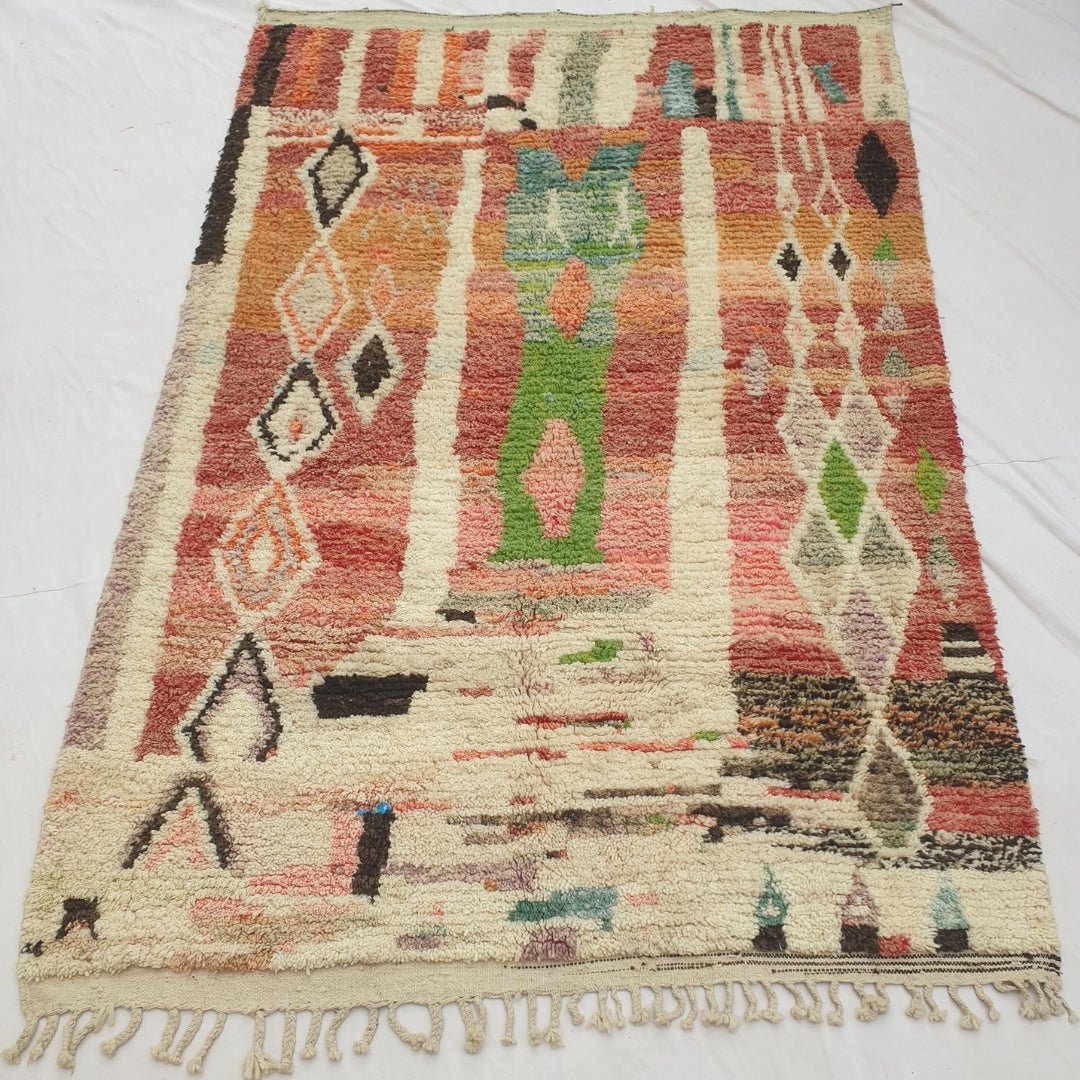 Katwa - Red Moroccan Rug with Bold Vertical Cream Column Design - Handwoven Berber Carpet | 6'4"x9'10" Ft | 193x301 cm - OunizZ