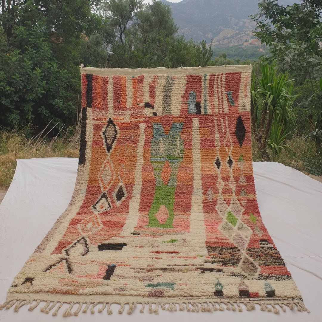 Katwa - Red Moroccan Rug with Bold Vertical Cream Column Design - Handwoven Berber Carpet | 6'4"x9'10" Ft | 193x301 cm - OunizZ
