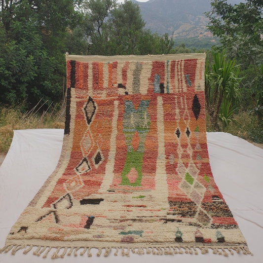 Katwa - Red Moroccan Rug with Bold Vertical Cream Column Design - Handwoven Berber Carpet | 6'4"x9'10" Ft | 193x301 cm - OunizZ