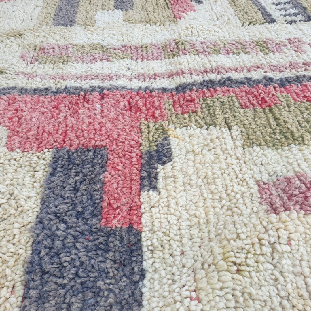 Khazo – 6x10 Moroccan Rug – Ivory Olive Architectural Boujad Berber Handwoven Wool Carpet with Yellow Border | 6'4"x10'3" Ft | 193x313 cm - OunizZ