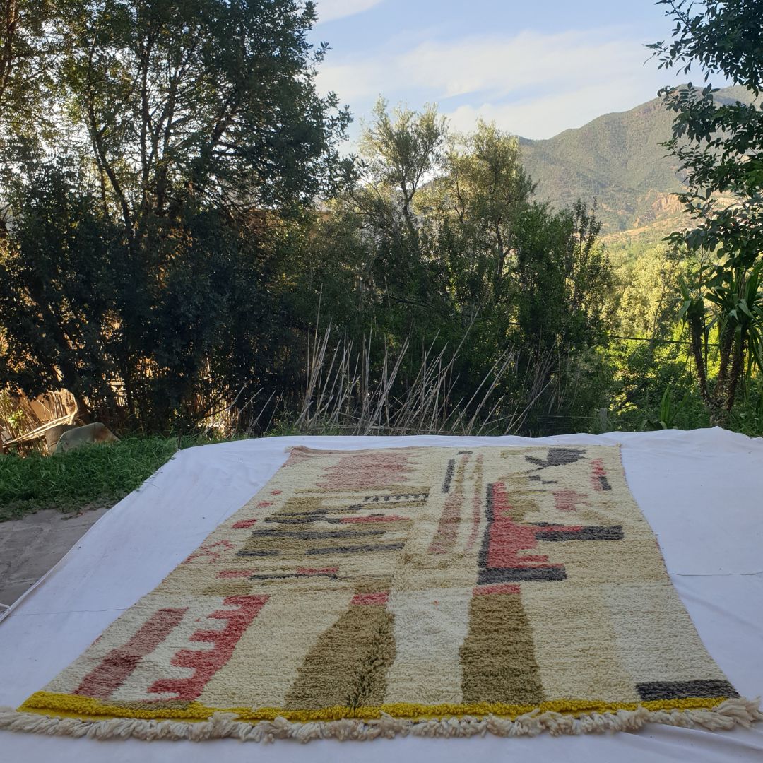 Khazo – 6x10 Moroccan Rug – Ivory Olive Architectural Boujad Berber Handwoven Wool Carpet with Yellow Border | 6'4"x10'3" Ft | 193x313 cm - OunizZ