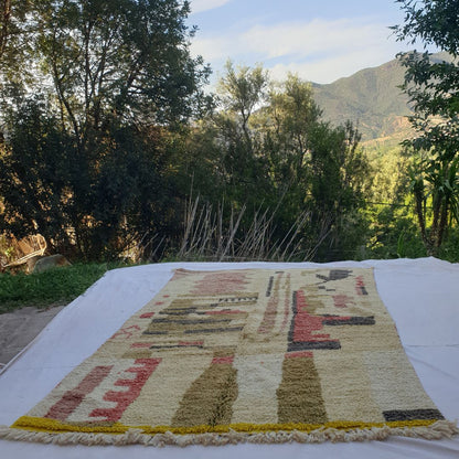 Khazo – 6x10 Moroccan Rug – Ivory Olive Architectural Boujad Berber Handwoven Wool Carpet with Yellow Border | 6'4"x10'3" Ft | 193x313 cm - OunizZ