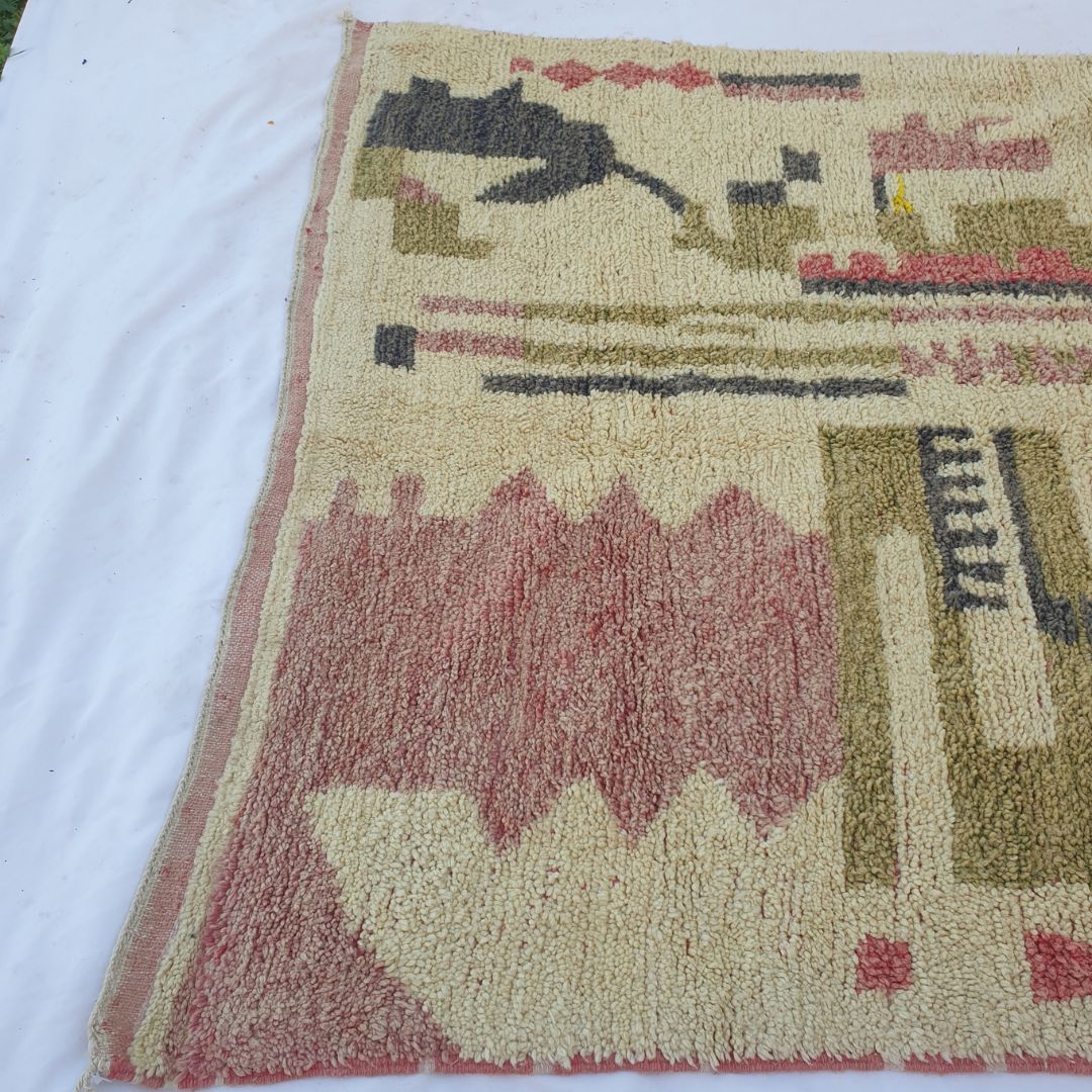 Khazo – 6x10 Moroccan Rug – Ivory Olive Architectural Boujad Berber Handwoven Wool Carpet with Yellow Border | 6'4"x10'3" Ft | 193x313 cm - OunizZ