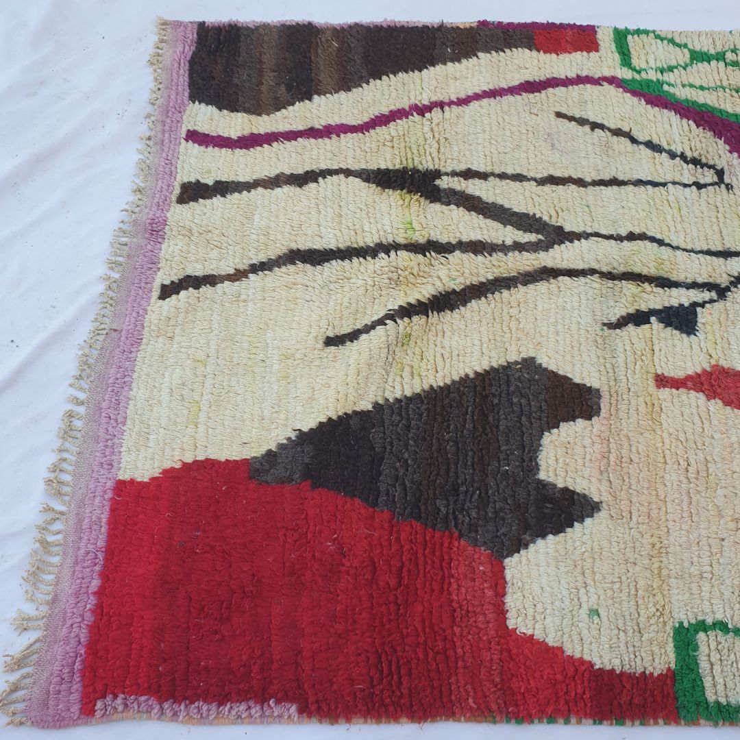 Laaqo – 6x10 Moroccan Rug – Ivory Boujad Berber Handwoven Wool Carpet with Black Tree & Colourful Tribal Shapes | 6'3"x10'1" Ft | 191x308 cm - OunizZ