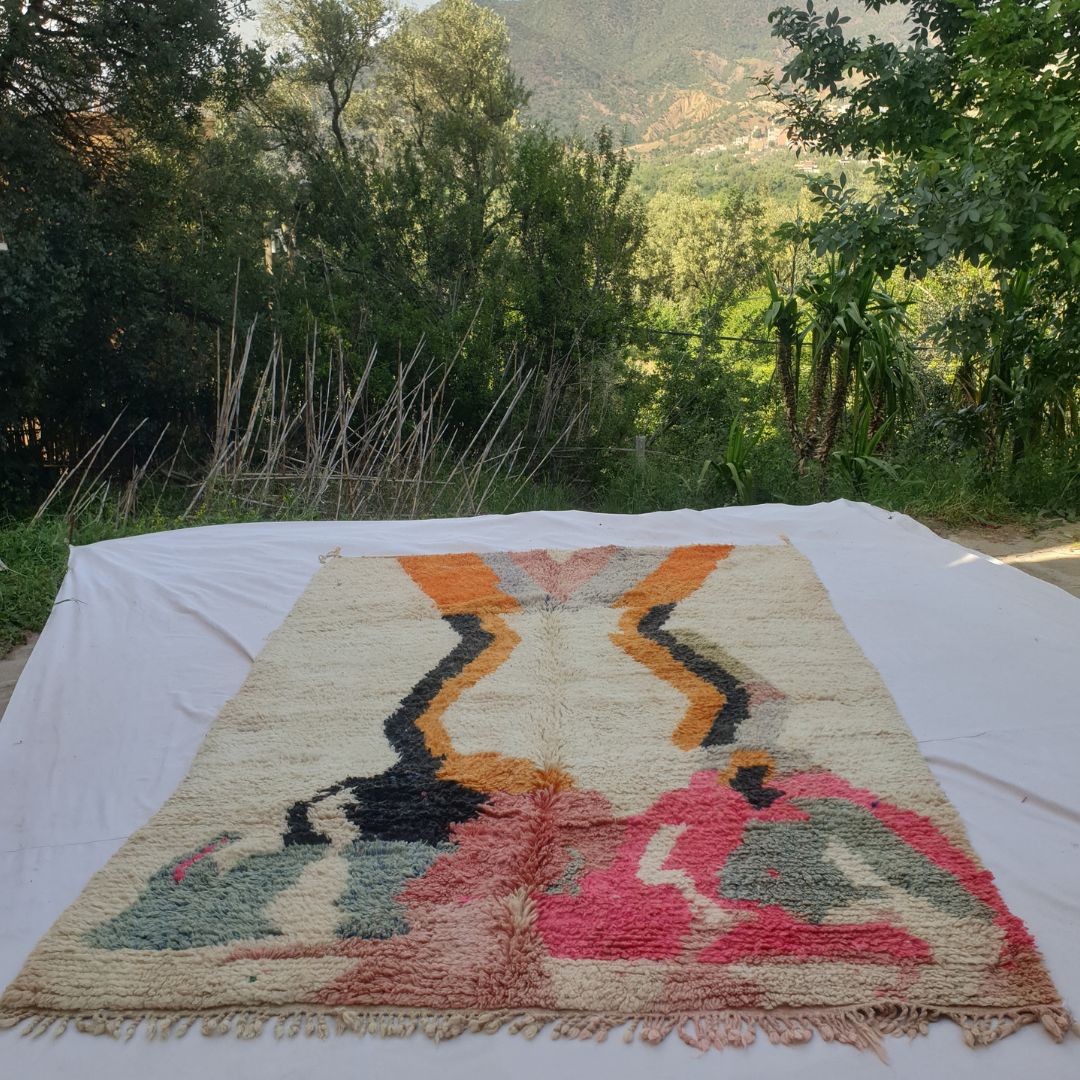 Lahca – 6x9 Moroccan Rug – Ivory Boujad Berber Handwoven Wool Carpet with Orange Lightning Zigzag & Bold Abstract Shapes | 6'7"x9'9" Ft | 202x298 cm - OunizZ