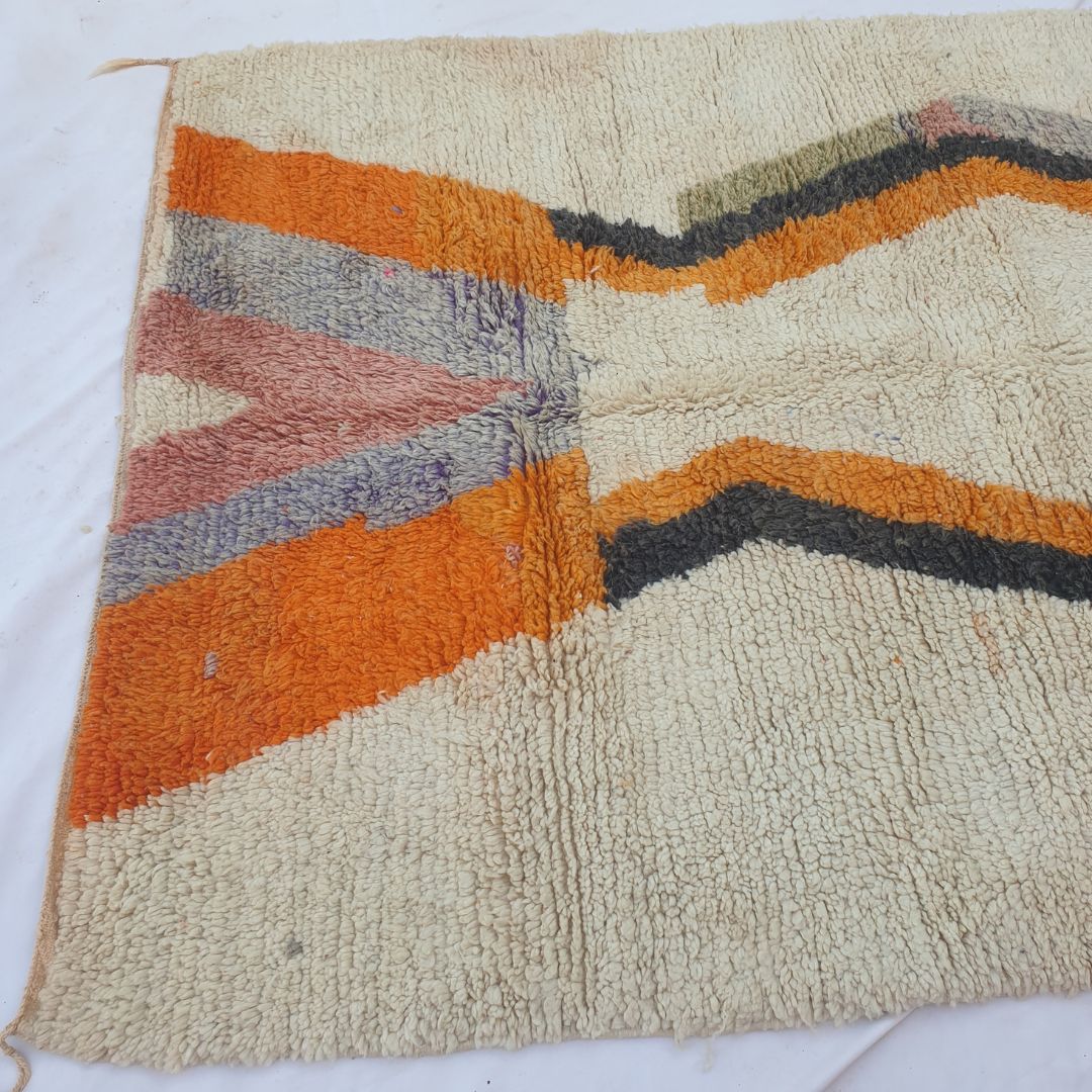 Lahca – 6x9 Moroccan Rug – Ivory Boujad Berber Handwoven Wool Carpet with Orange Lightning Zigzag & Bold Abstract Shapes | 6'7"x9'9" Ft | 202x298 cm - OunizZ