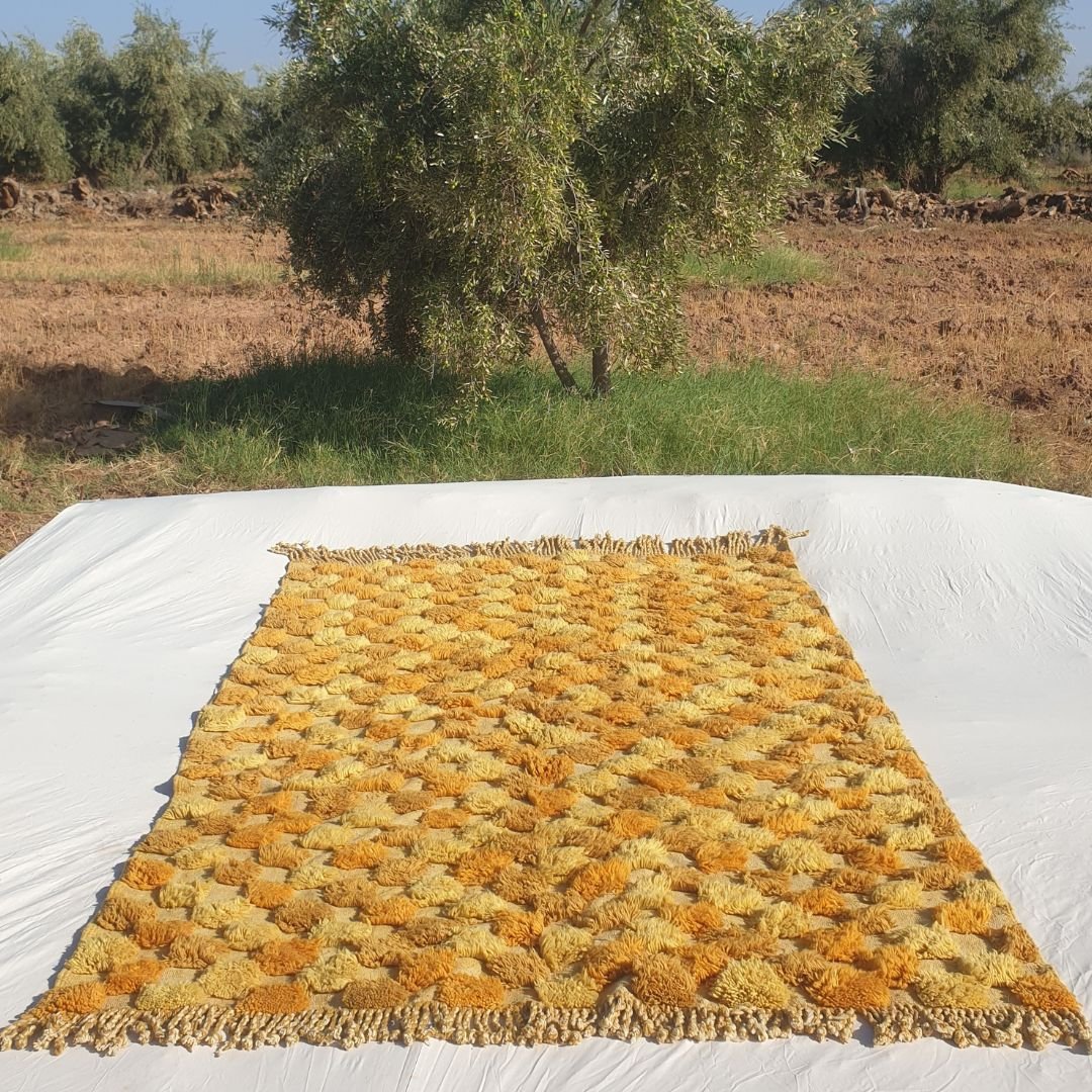Lamane | Luxurious Golden Yellow 6x9 Moroccan Rug Plush Beni Mrirt Ultra Soft | Authentic Berber wool Beni Rug | 6'63x9'71 Ft | 202x296 cm - OunizZ