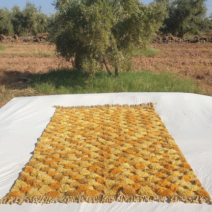 Lamane | Luxurious Golden Yellow 6x9 Moroccan Rug Plush Beni Mrirt Ultra Soft | Authentic Berber wool Beni Rug | 6'63x9'71 Ft | 202x296 cm - OunizZ