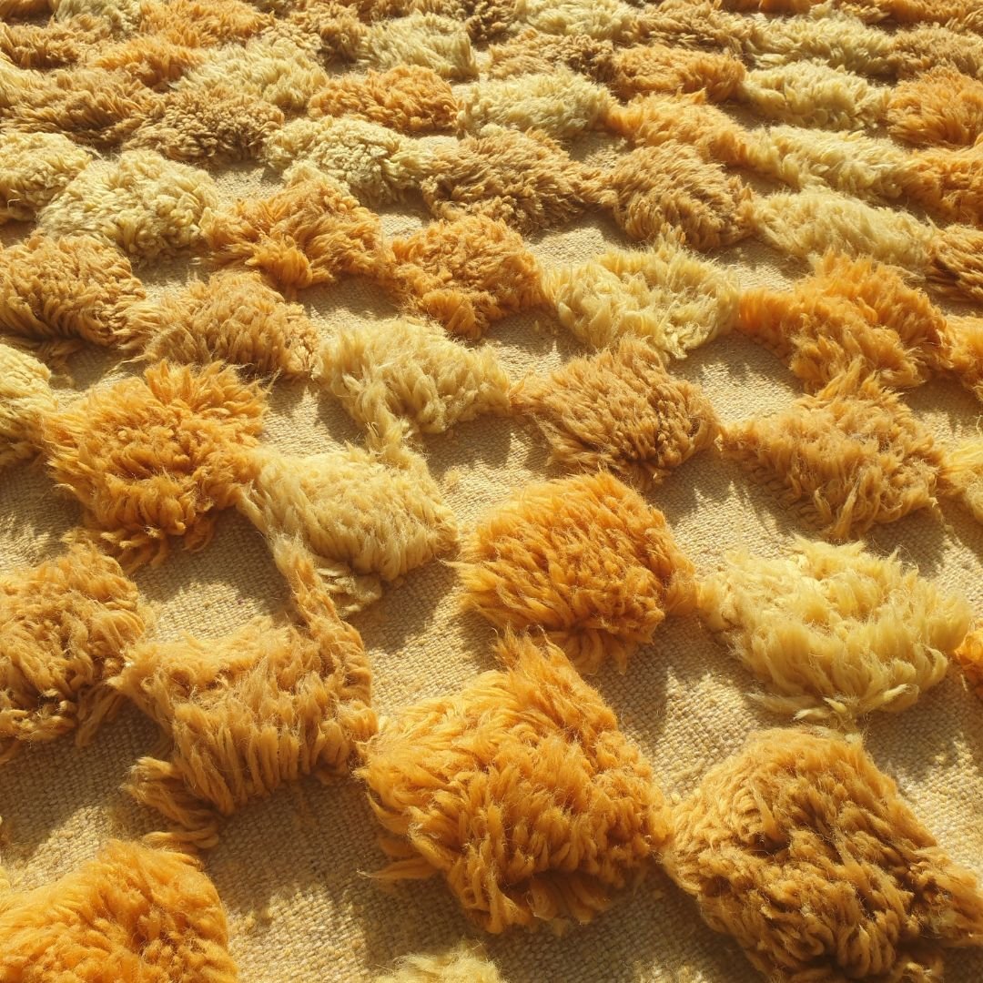 Lamane | Luxurious Golden Yellow 6x9 Moroccan Rug Plush Beni Mrirt Ultra Soft | Authentic Berber wool Beni Rug | 6'63x9'71 Ft | 202x296 cm - OunizZ