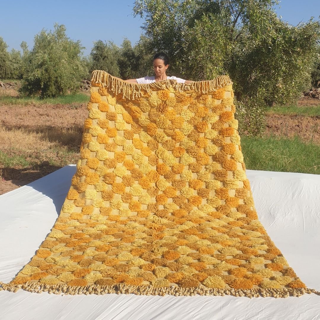 Lamane | Luxurious Golden Yellow 6x9 Moroccan Rug Plush Beni Mrirt Ultra Soft | Authentic Berber wool Beni Rug | 6'63x9'71 Ft | 202x296 cm - OunizZ