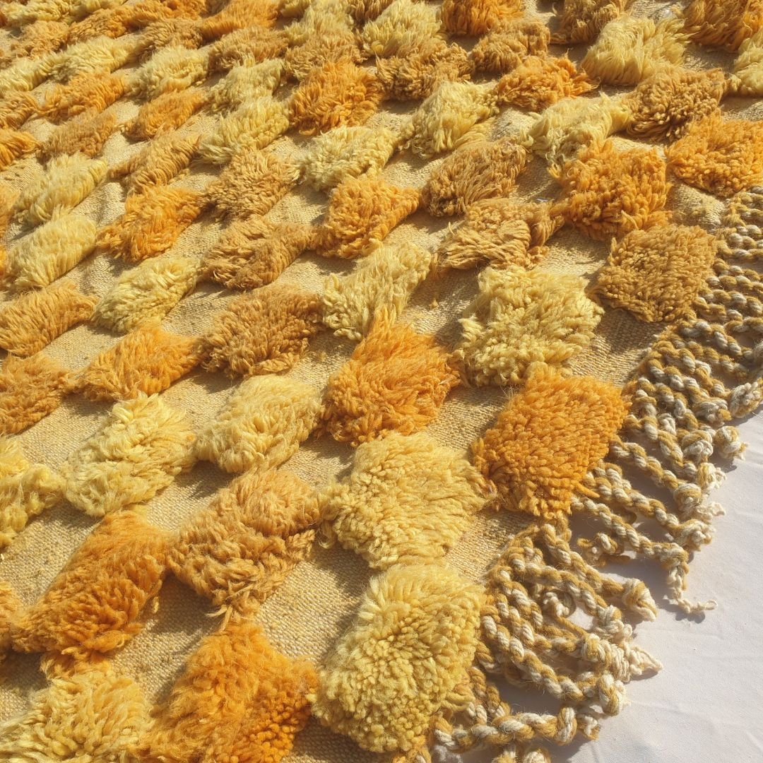 Lamane | Luxurious Golden Yellow 6x9 Moroccan Rug Plush Beni Mrirt Ultra Soft | Authentic Berber wool Beni Rug | 6'63x9'71 Ft | 202x296 cm - OunizZ