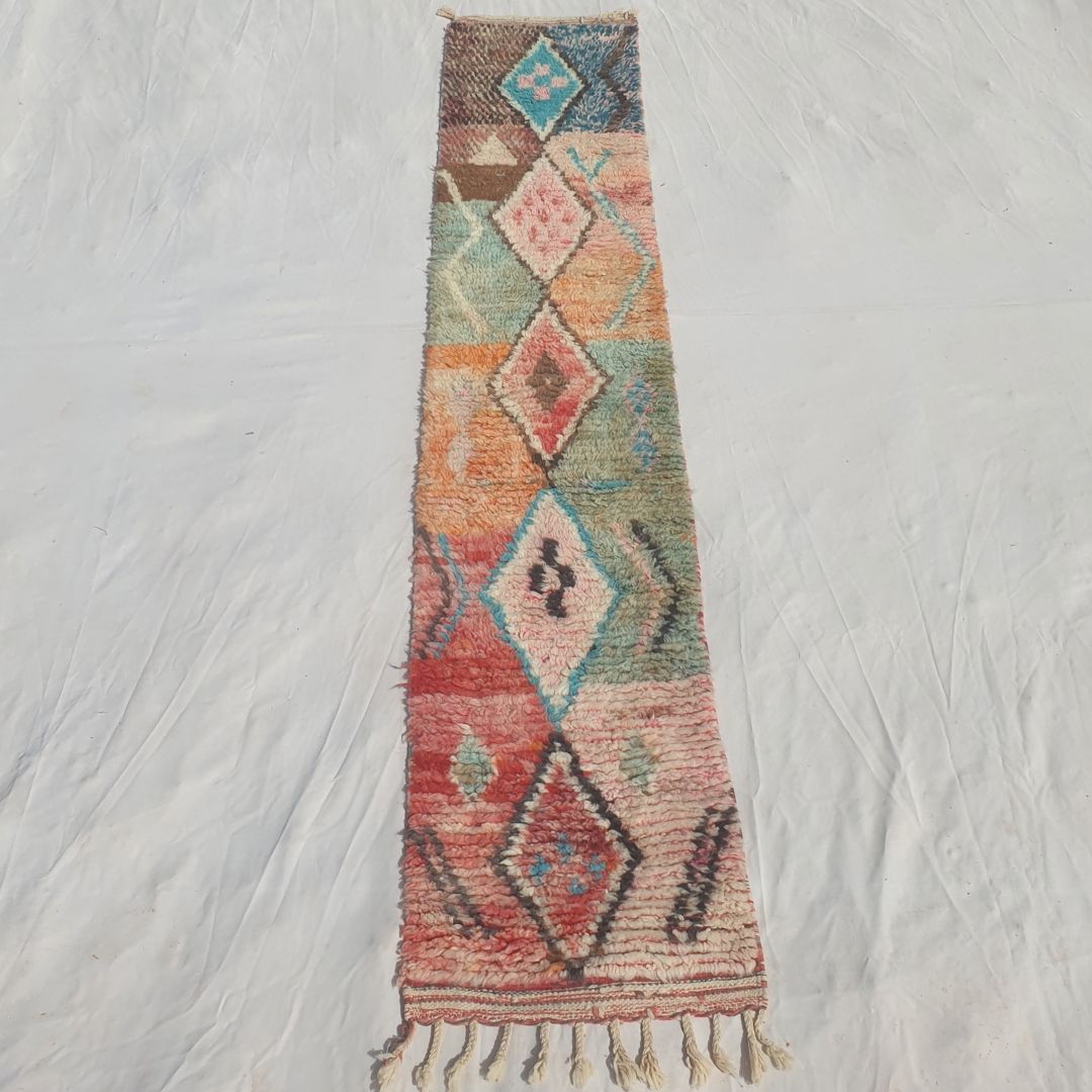 Larguiga - Slim Pastel Multicolor Moroccan Runner Rug with a Chain of Diamond Medallions on Soft Colour Panels - Handwoven Berber Carpet | 2'x9'10" Ft | 60x300 cm - OunizZ