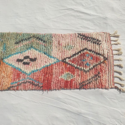 Larguiga - Slim Pastel Multicolor Moroccan Runner Rug with a Chain of Diamond Medallions on Soft Colour Panels - Handwoven Berber Carpet | 2'x9'10" Ft | 60x300 cm - OunizZ