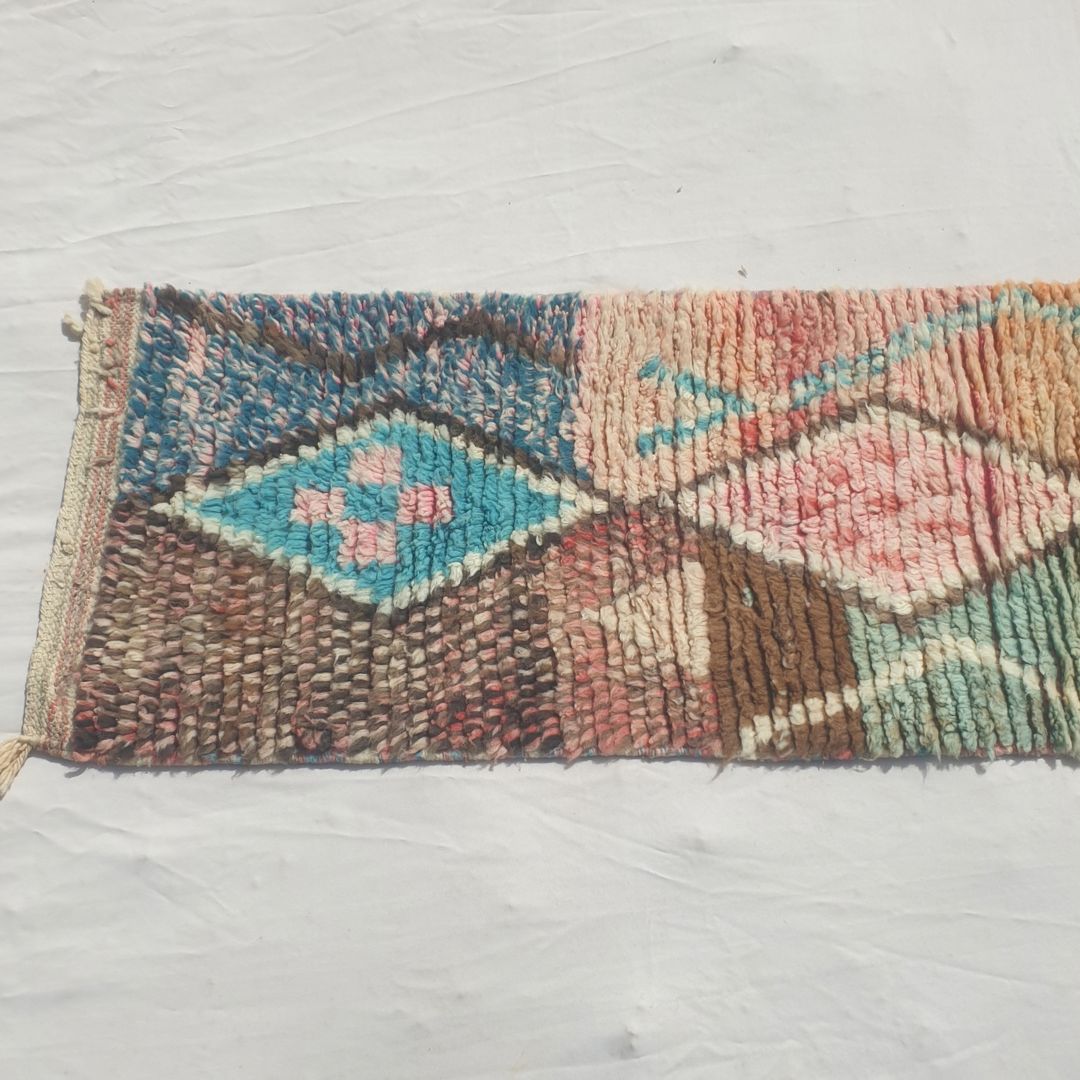 Larguiga - Slim Pastel Multicolor Moroccan Runner Rug with a Chain of Diamond Medallions on Soft Colour Panels - Handwoven Berber Carpet | 2'x9'10" Ft | 60x300 cm - OunizZ