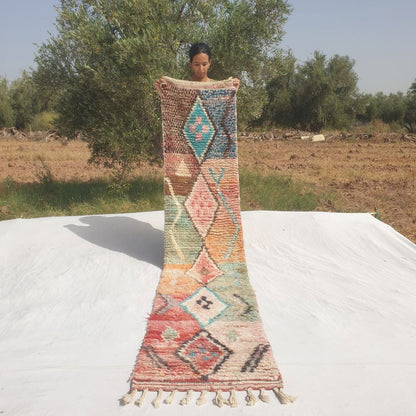 Larguiga - Slim Pastel Multicolor Moroccan Runner Rug with a Chain of Diamond Medallions on Soft Colour Panels - Handwoven Berber Carpet | 2'x9'10" Ft | 60x300 cm - OunizZ