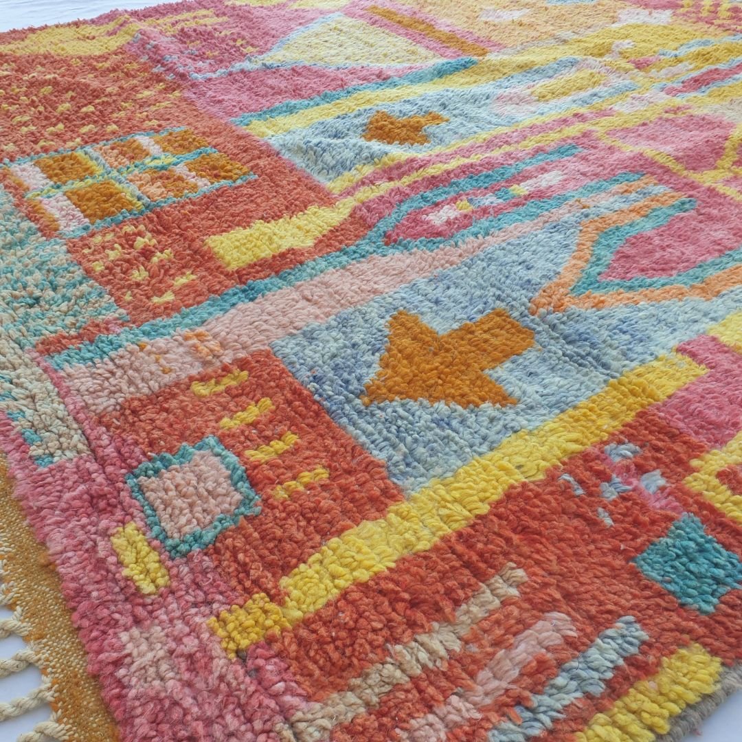 Layba - Playful Pink Yellow Boujad Rug 6x10 ft - Vibrant Handwoven Moroccan Berber Abstract Area Rug for Boho Living | 6'30x10'30 Ft | 192x314 cm - OunizZ