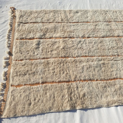 Lfala | 6x9 Beni Ourain Moroccan Rug - Soft Ivory Plush Shag with Warm Orange Lines Wool Berber Carpet | 6'9"x9'7" Ft | 207x294 cm - OunizZ