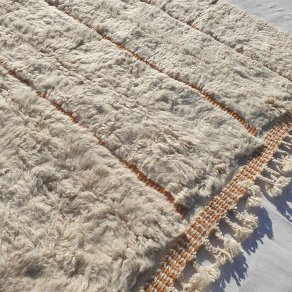 Lfala | 6x9 Beni Ourain Moroccan Rug - Soft Ivory Plush Shag with Warm Orange Lines Wool Berber Carpet | 6'9"x9'7" Ft | 207x294 cm - OunizZ