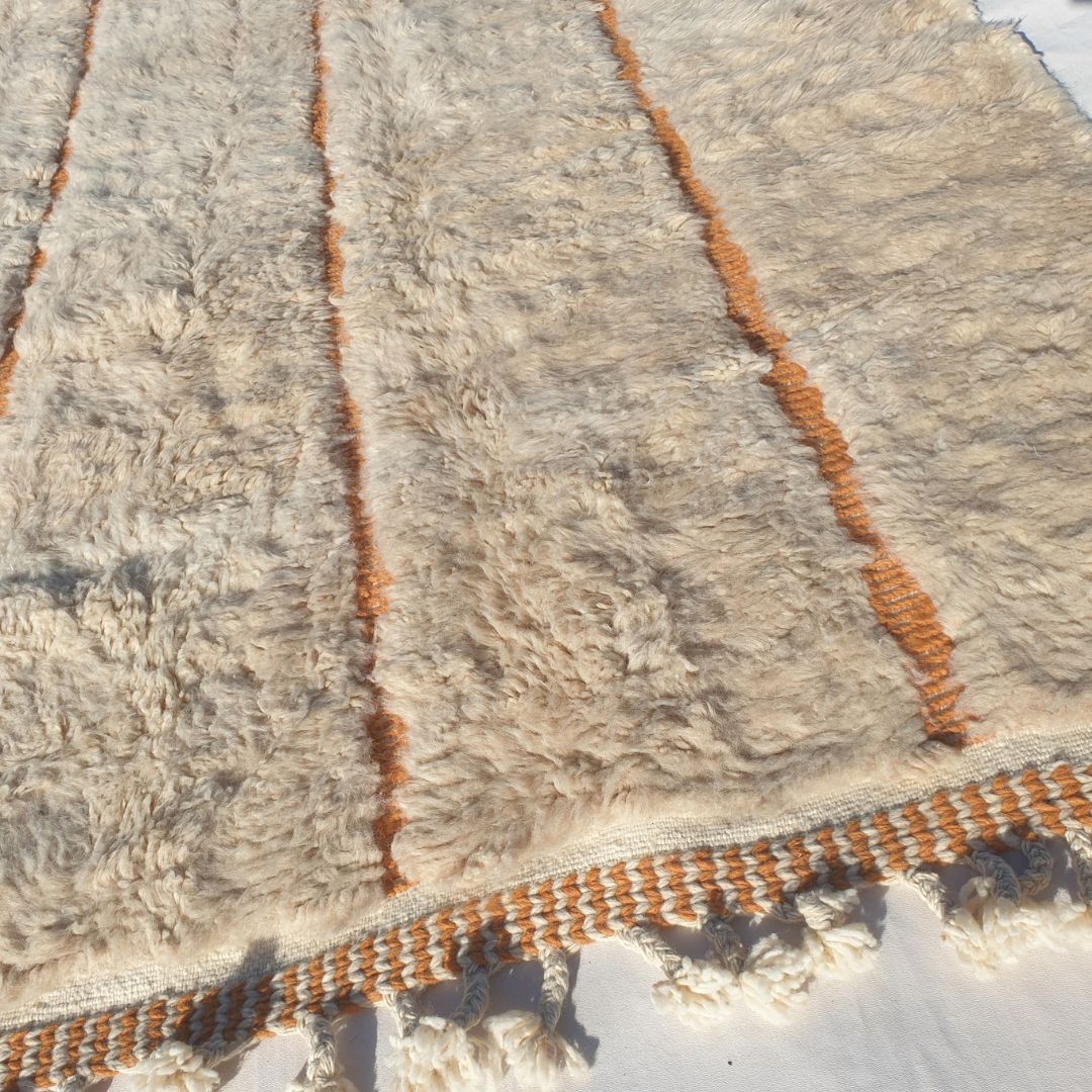 Lfala | 6x9 Beni Ourain Moroccan Rug - Soft Ivory Plush Shag with Warm Orange Lines Wool Berber Carpet | 6'9"x9'7" Ft | 207x294 cm - OunizZ