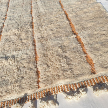 Lfala | 6x9 Beni Ourain Moroccan Rug - Soft Ivory Plush Shag with Warm Orange Lines Wool Berber Carpet | 6'9"x9'7" Ft | 207x294 cm - OunizZ