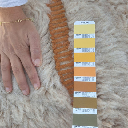 Lfala | 6x9 Beni Ourain Moroccan Rug - Soft Ivory Plush Shag with Warm Orange Lines Wool Berber Carpet | 6'9"x9'7" Ft | 207x294 cm - OunizZ