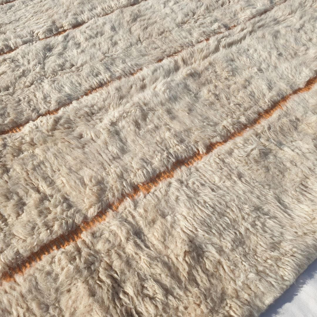 Lfala | 6x9 Beni Ourain Moroccan Rug - Soft Ivory Plush Shag with Warm Orange Lines Wool Berber Carpet | 6'9"x9'7" Ft | 207x294 cm - OunizZ