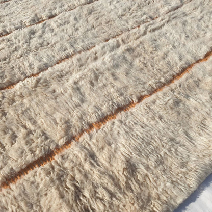 Lfala | 6x9 Beni Ourain Moroccan Rug - Soft Ivory Plush Shag with Warm Orange Lines Wool Berber Carpet | 6'9"x9'7" Ft | 207x294 cm - OunizZ