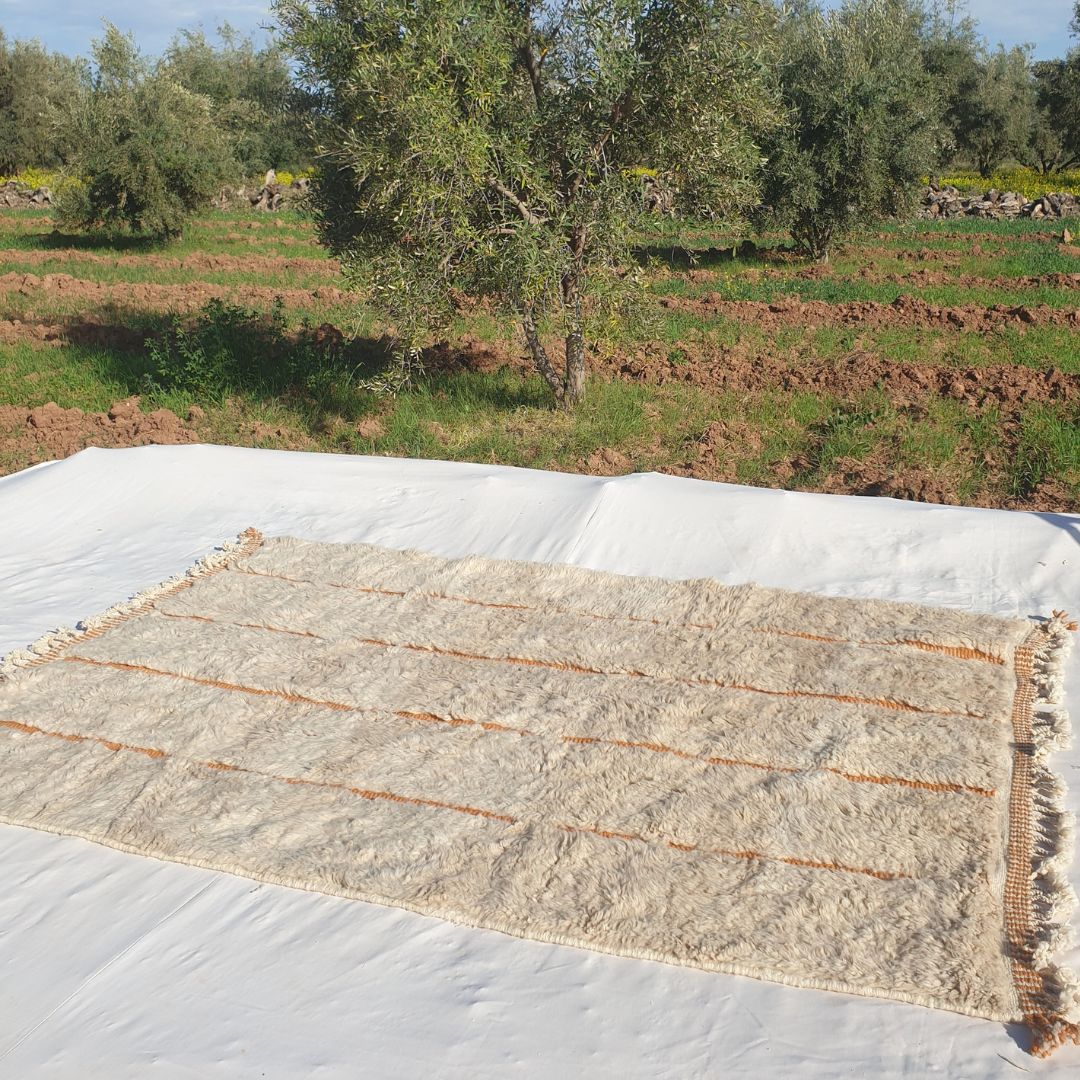 Lfala | 6x9 Beni Ourain Moroccan Rug - Soft Ivory Plush Shag with Warm Orange Lines Wool Berber Carpet | 6'9"x9'7" Ft | 207x294 cm - OunizZ