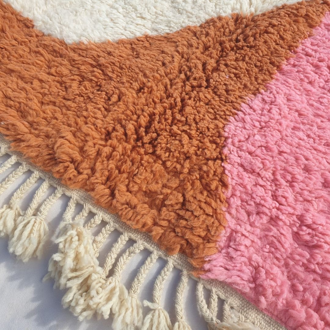 Lhana | 5x8 Beni Ourain Moroccan Rug - Super Soft Ivory Plush Shag with Pink & Orange Abstract Blocks Wool Berber Carpet | 5'1"x8'6" ft | 155x261 cm - OunizZ