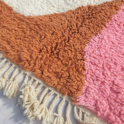 Lhana | 5x8 Beni Ourain Moroccan Rug - Super Soft Ivory Plush Shag with Pink & Orange Abstract Blocks Wool Berber Carpet | 5'1"x8'6" ft | 155x261 cm - OunizZ