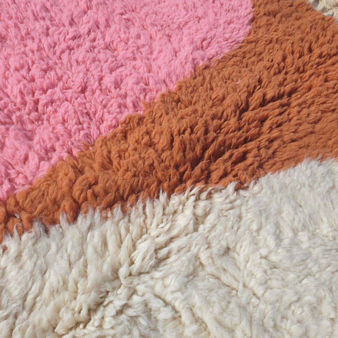 Lhana | 5x8 Beni Ourain Moroccan Rug - Super Soft Ivory Plush Shag with Pink & Orange Abstract Blocks Wool Berber Carpet | 5'1"x8'6" ft | 155x261 cm - OunizZ