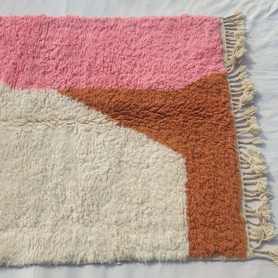 Lhana | 5x8 Beni Ourain Moroccan Rug - Super Soft Ivory Plush Shag with Pink & Orange Abstract Blocks Wool Berber Carpet | 5'1"x8'6" ft | 155x261 cm - OunizZ