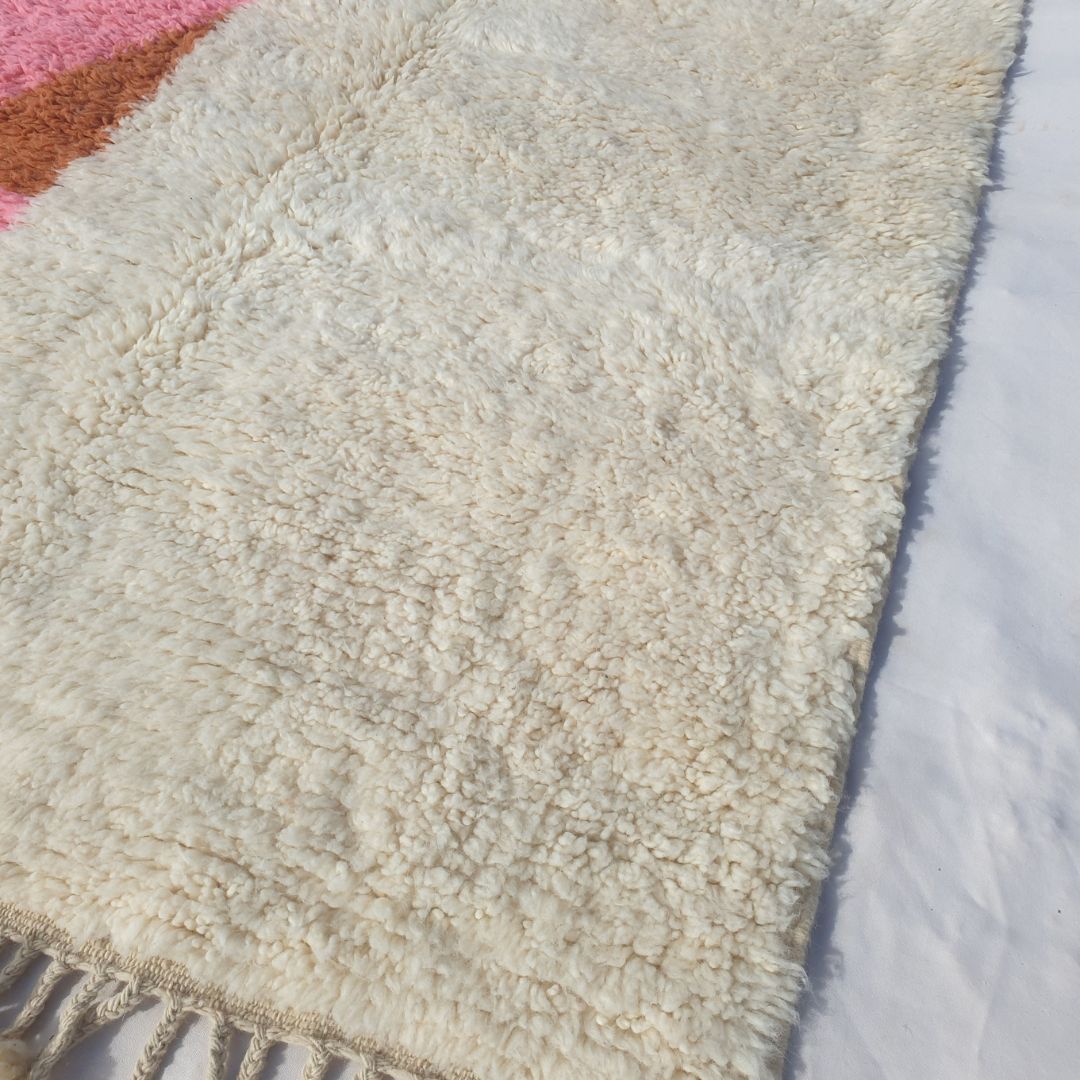 Lhana | 5x8 Beni Ourain Moroccan Rug - Super Soft Ivory Plush Shag with Pink & Orange Abstract Blocks Wool Berber Carpet | 5'1"x8'6" ft | 155x261 cm - OunizZ