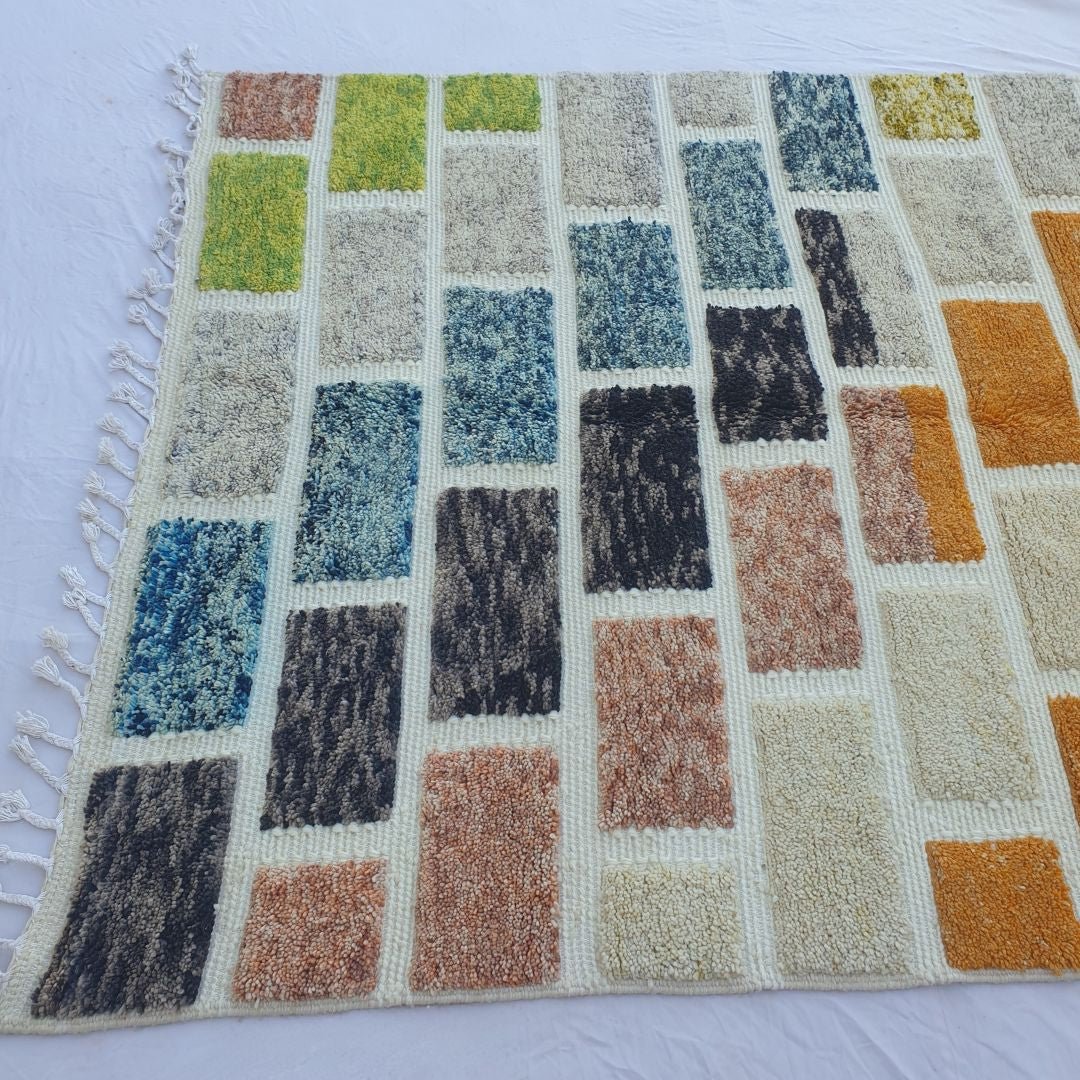 Lounari | Vibrant Multicolored Beni Ourain Brick Pattern Shag Rug 6x10 ft - Handwoven Moroccan Wool Berber Carpet for Boho Living Room | 6'76x10'04 Ft | 206x306 cm - OunizZ