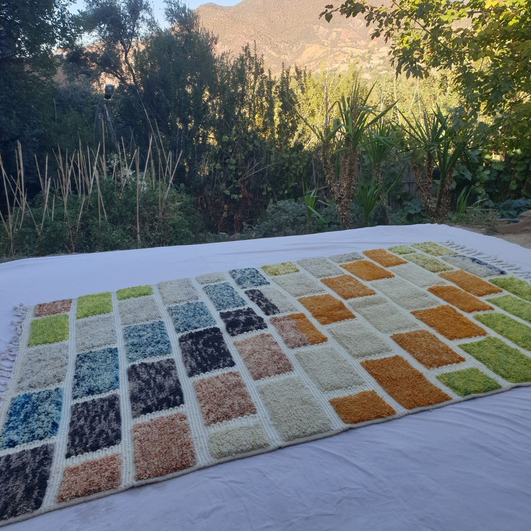 Lounari | Vibrant Multicolored Beni Ourain Brick Pattern Shag Rug 6x10 ft - Handwoven Moroccan Wool Berber Carpet for Boho Living Room | 6'76x10'04 Ft | 206x306 cm - OunizZ