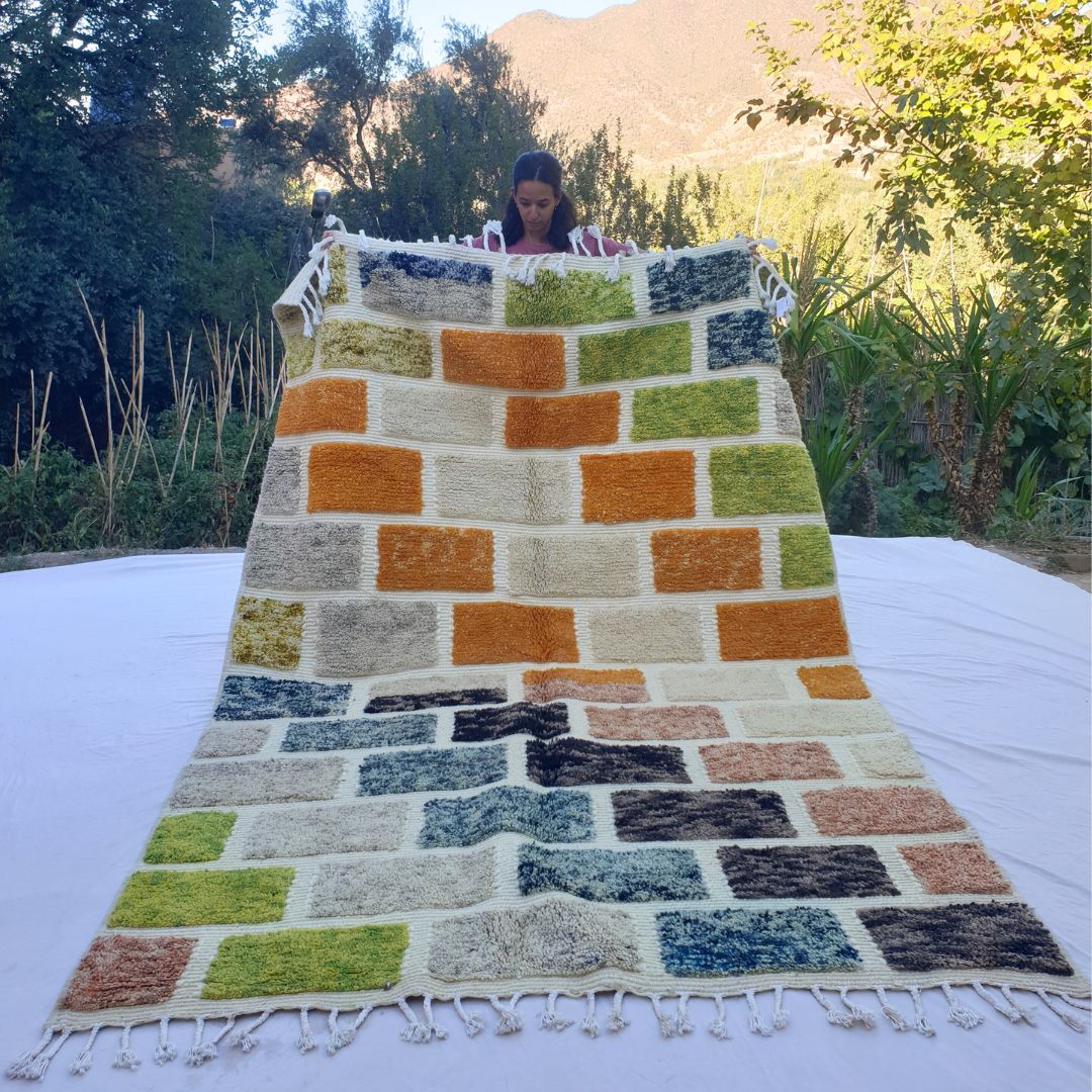 Vibrant multicolored Beni Ourain shag rug 6x10 ft with brick pattern in orange green teal – handwoven Moroccan wool berber carpet