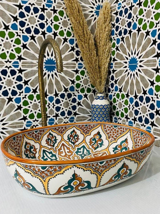 Madrid - Handmade Moroccan Oval Ceramic Sink – Teal and Orange Top Counter Vessel Sink - (ETFS) - OunizZ
